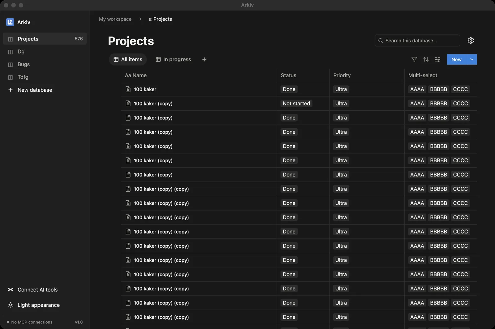 Arkiv database view